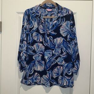 Lilly Pulitzer - Navy Fish Print Quarter Sleeve Blouse Sz Medium‎